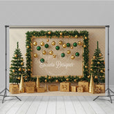 Aperturee - Aperturee Modern Gold and Green Christmas Photography Backdrop Garland Frame with Ornaments Elegant Holiday Photo Booth